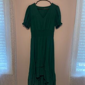 Midi Dress High Low Casual Puff Sleeve Everest Green